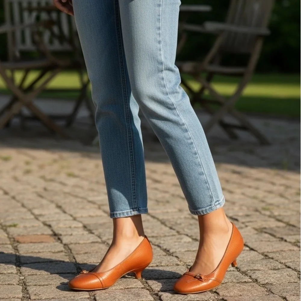 Furla Cognac Leather Knot Detail Low Heel Pumps
